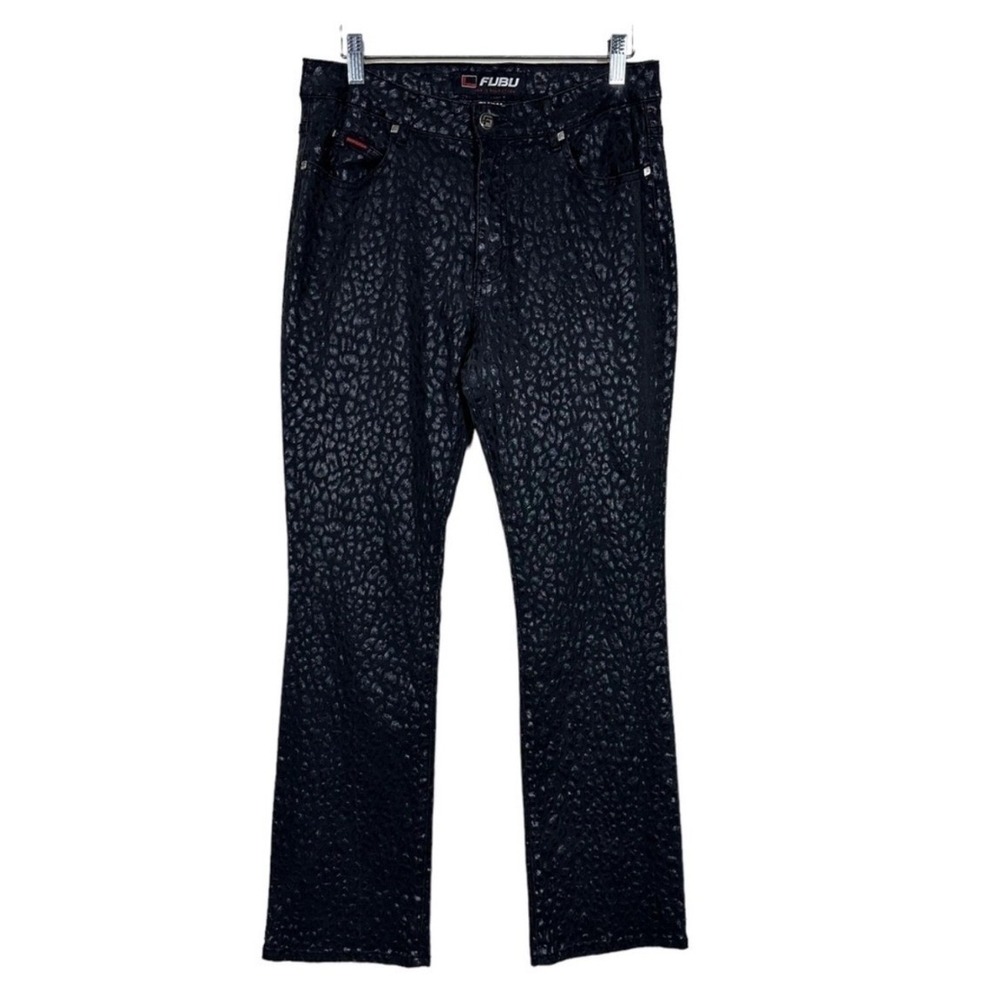 FUBU Flare Jeans Pants Black Denim Leopard Print Vintage Y2K Streetwear Size 14